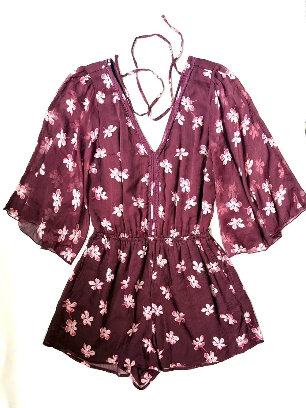 Abercrombie & Fitch Floral Romper Jumpsuit Maroon Pink Small V-Neck Bell Sleeve